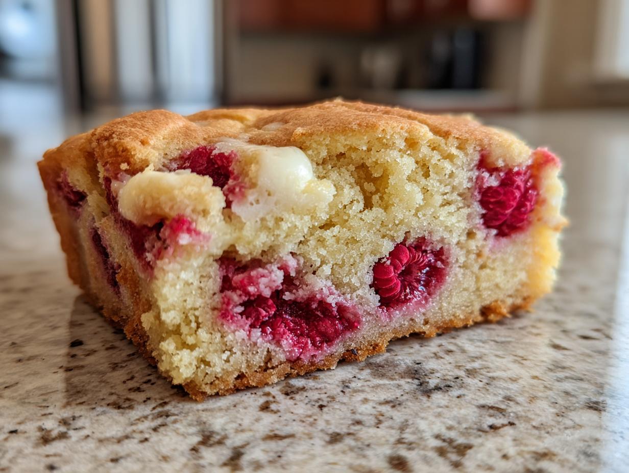 A close-up of a slice of raspberry white chocolate blondies, showcasing fresh raspberries and white chocolate chunks.