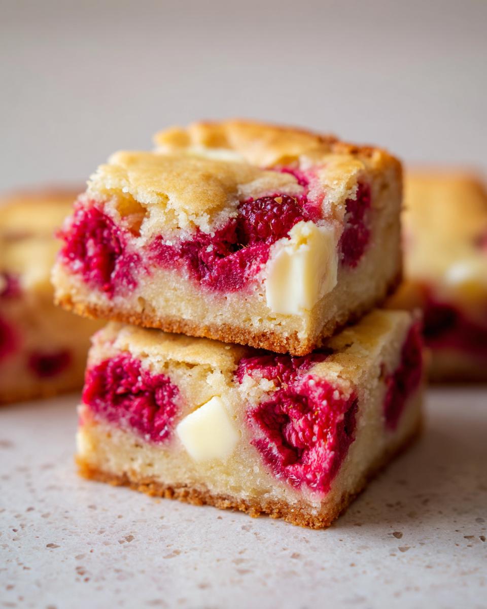 Two raspberry white chocolate blondies stacked on top of each other, showcasing fresh raspberries and white chocolate chunks.