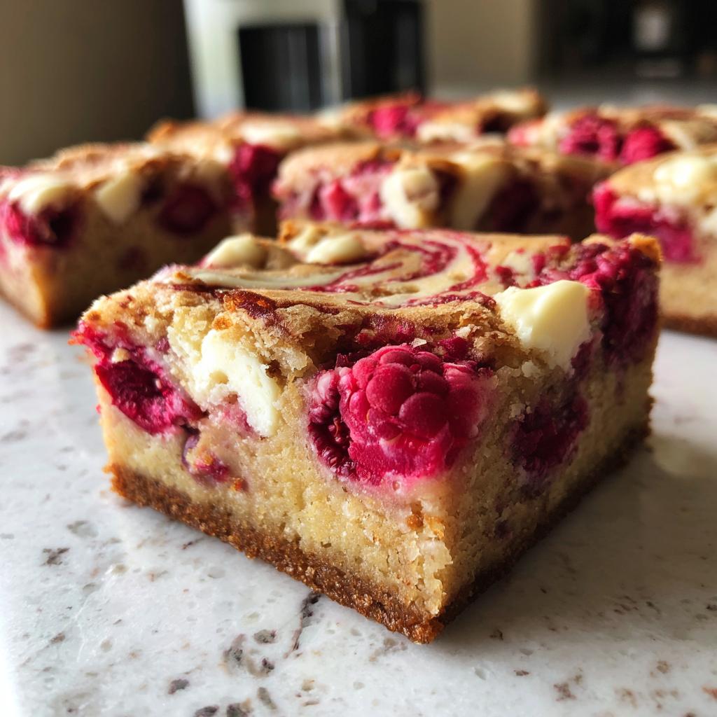 Close-up of a raspberry white chocolate blondie with swirls of raspberry filling and chunks of white chocolate.