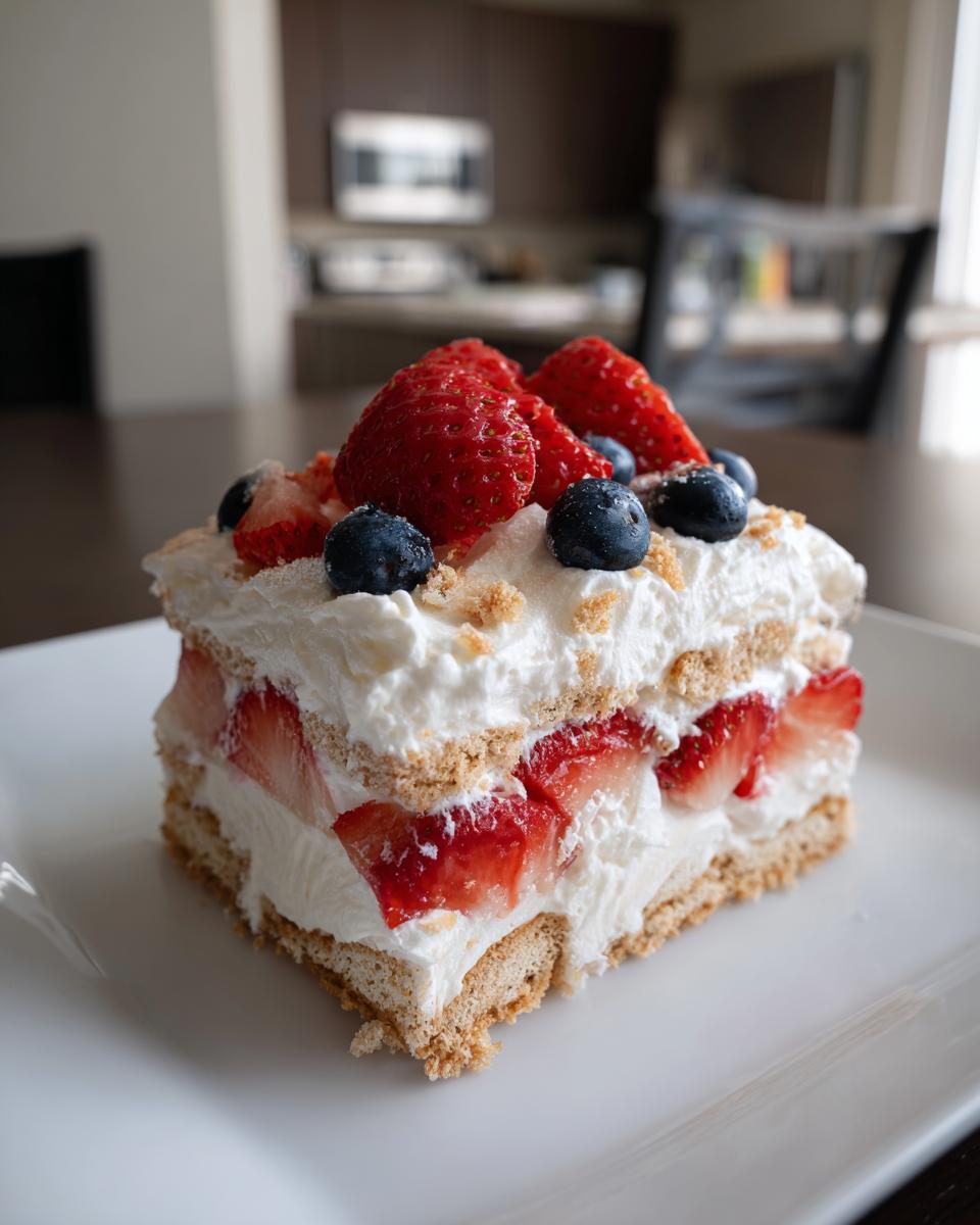 A slice of Red White Blue Icebox Cake layered with strawberries, blueberries, and whipped cream.