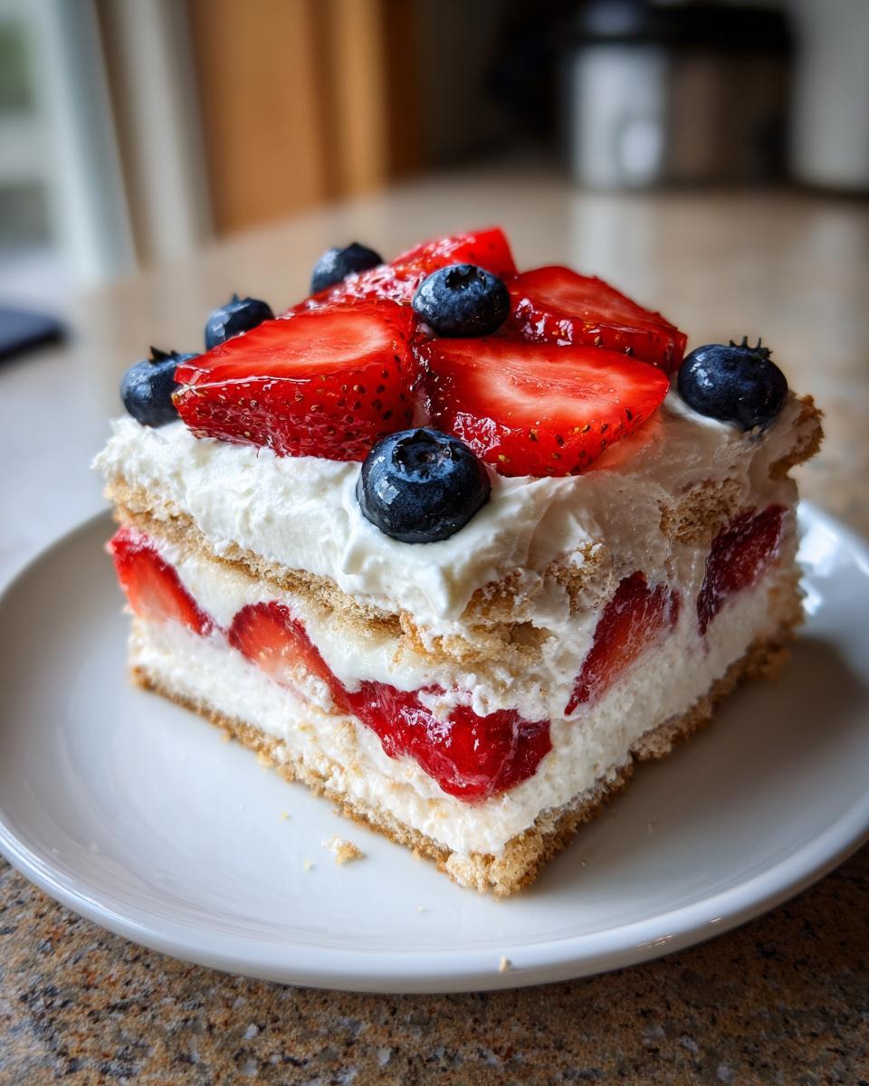 A slice of red, white, and blue icebox cake with strawberries and blueberries, perfect for Fourth of July Desserts.