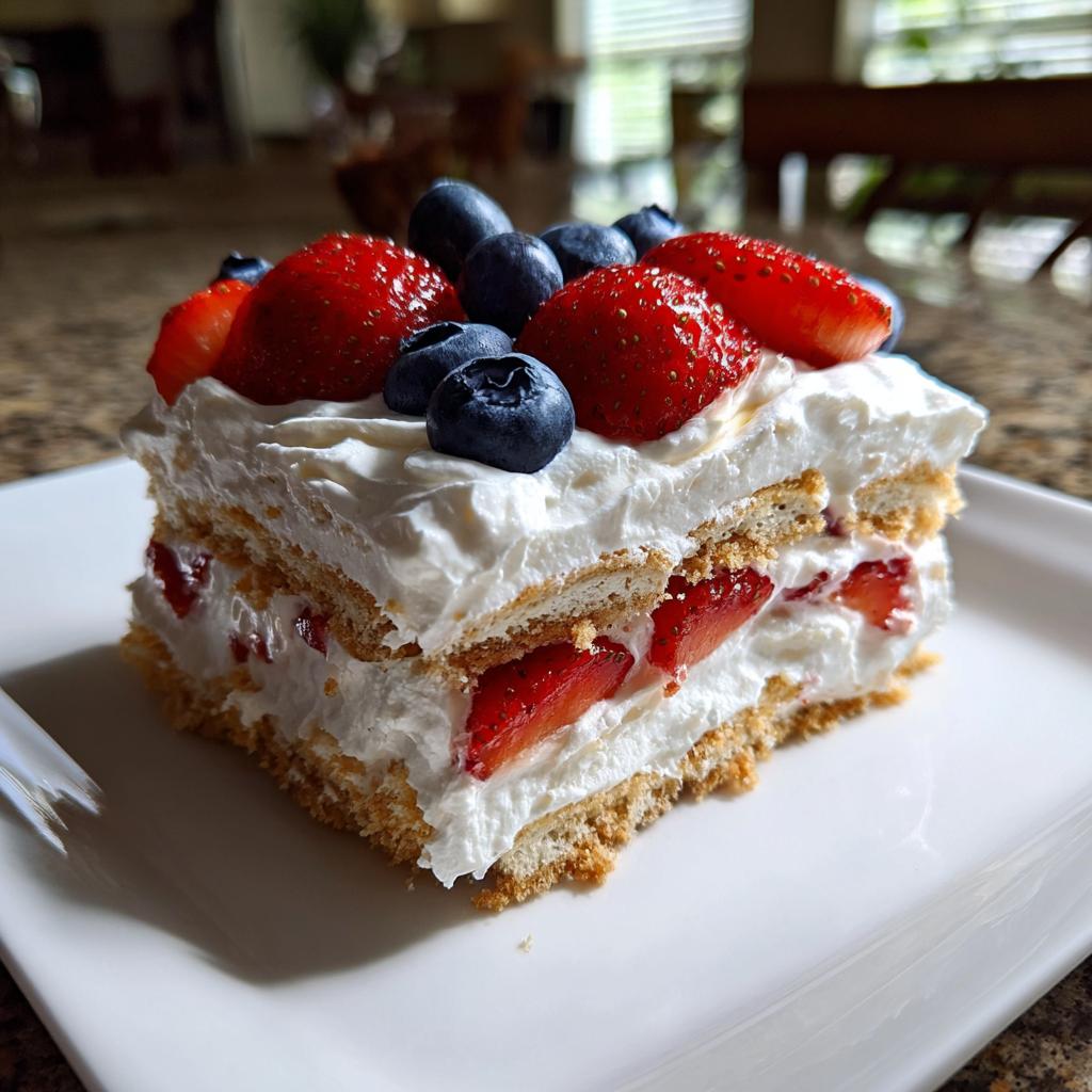 A slice of red white and blue icebox cake topped with fresh strawberries and blueberries.