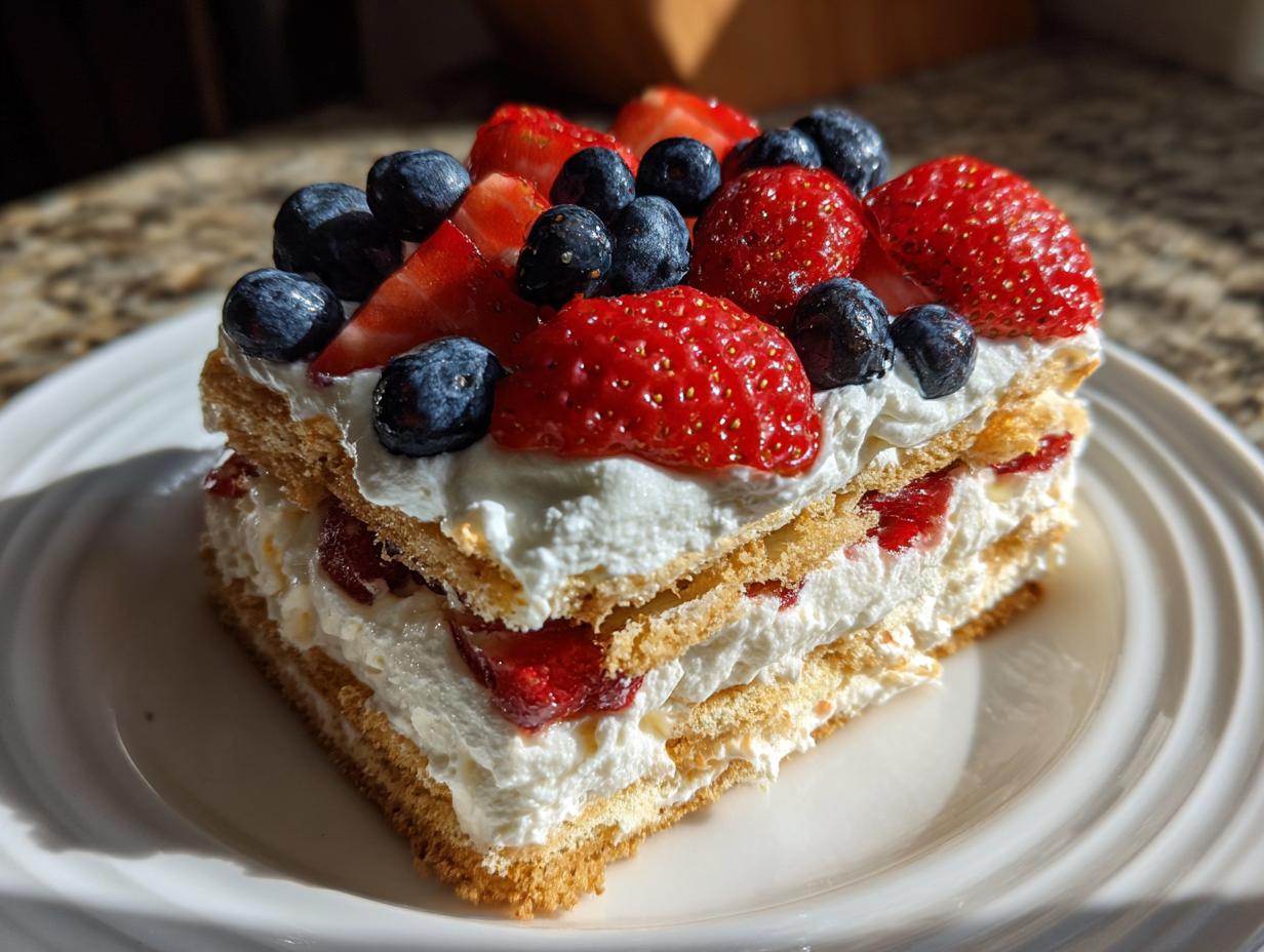 A slice of red, white, and blue icebox cake topped with strawberries and blueberries.