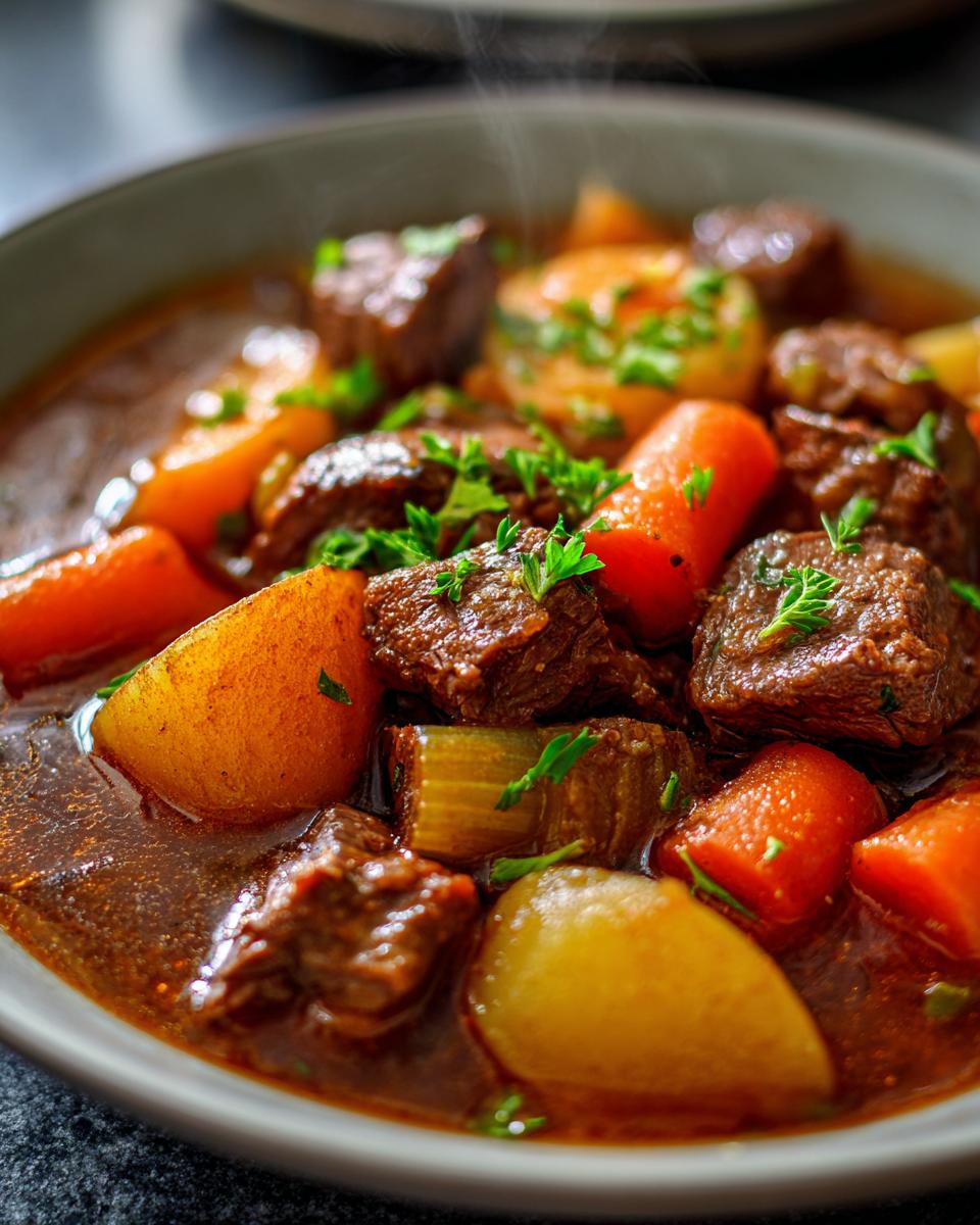 A steaming bowl of rich slow cooker beef stew, featuring tender beef chunks, carrots, potatoes, and celery, garnished with fresh parsley.