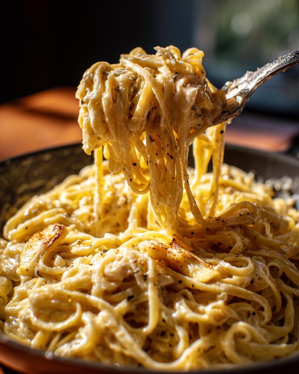 A fork lifting a swirl of creamy fettuccine pasta coated in roasted garlic alfredo sauce.