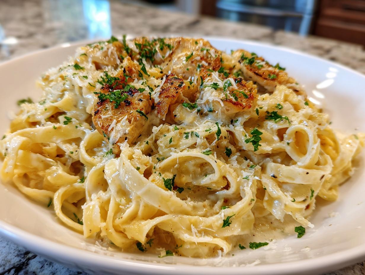 A close-up of fettuccine pasta coated in creamy Alfredo sauce, topped with pan-seared chicken and fresh parsley. This is a pasta recipe that turns roasted garlic into the best Alfredo.