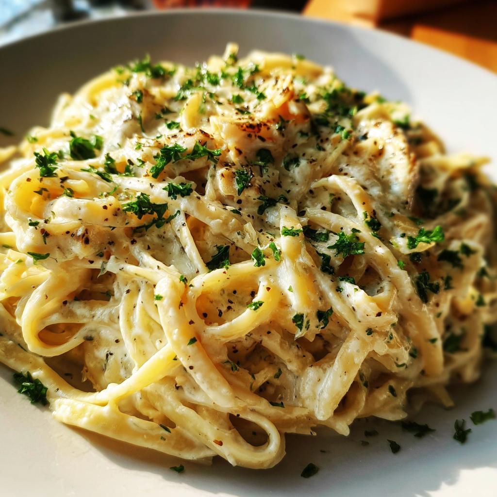Close-up of fettuccine pasta coated in creamy roasted garlic alfredo sauce, garnished with parsley.