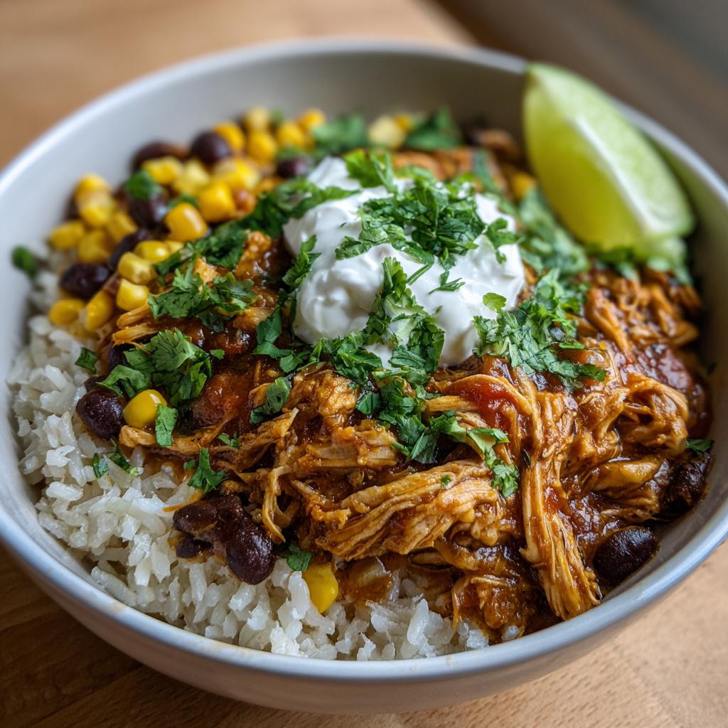 A delicious bowl of Salsa Verde Chicken Taco Bowl with rice, black beans, corn, sour cream, cilantro, and lime.