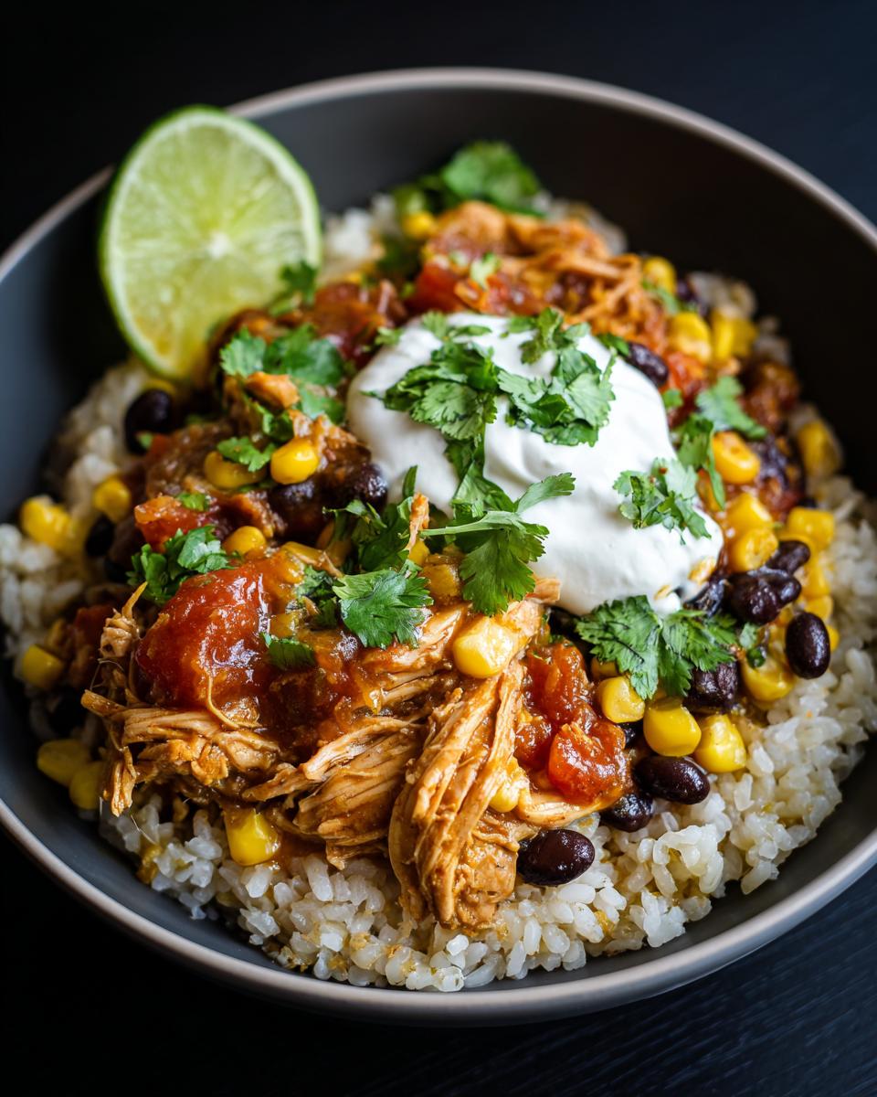 A delicious bowl of Salsa Verde Chicken Taco Bowl with rice, black beans, corn, and a dollop of sour cream, garnished with cilantro and a lime wedge.