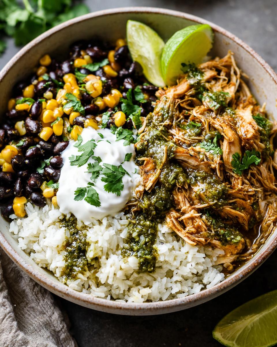 A delicious bowl of Salsa Verde Chicken Taco Bowl with rice, black beans, corn, sour cream, and lime wedges.