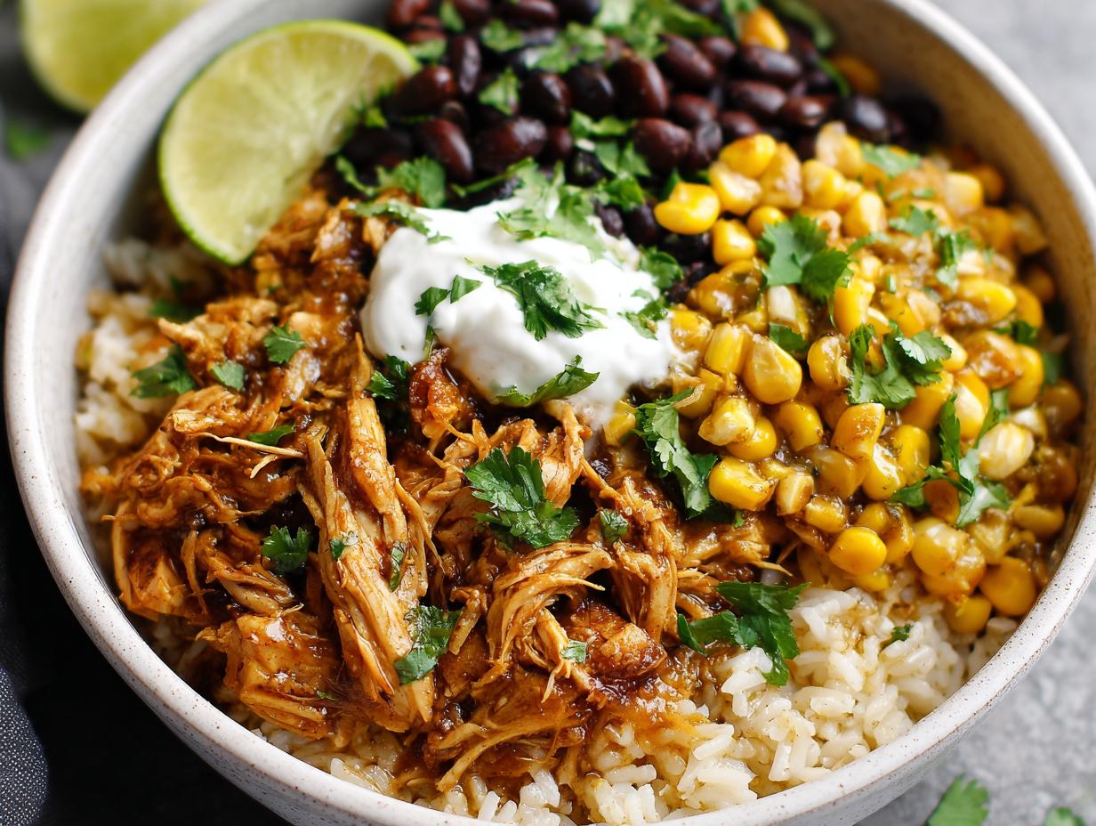 A close-up of a delicious Salsa Verde Chicken Taco Bowl, featuring shredded chicken, rice, black beans, corn, and a dollop of sour cream.