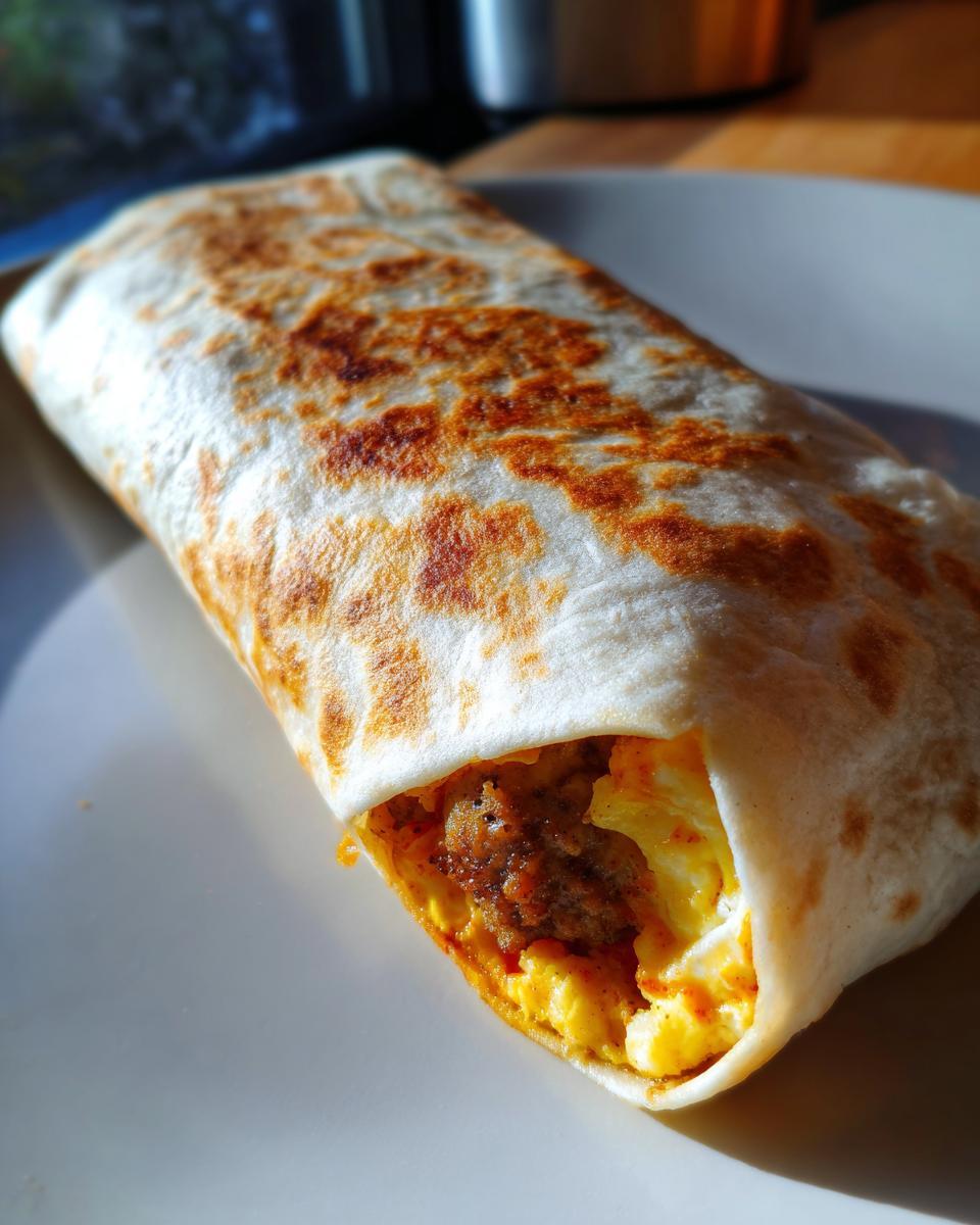 Close-up of a sausage breakfast burrito showing scrambled eggs and sausage filling.