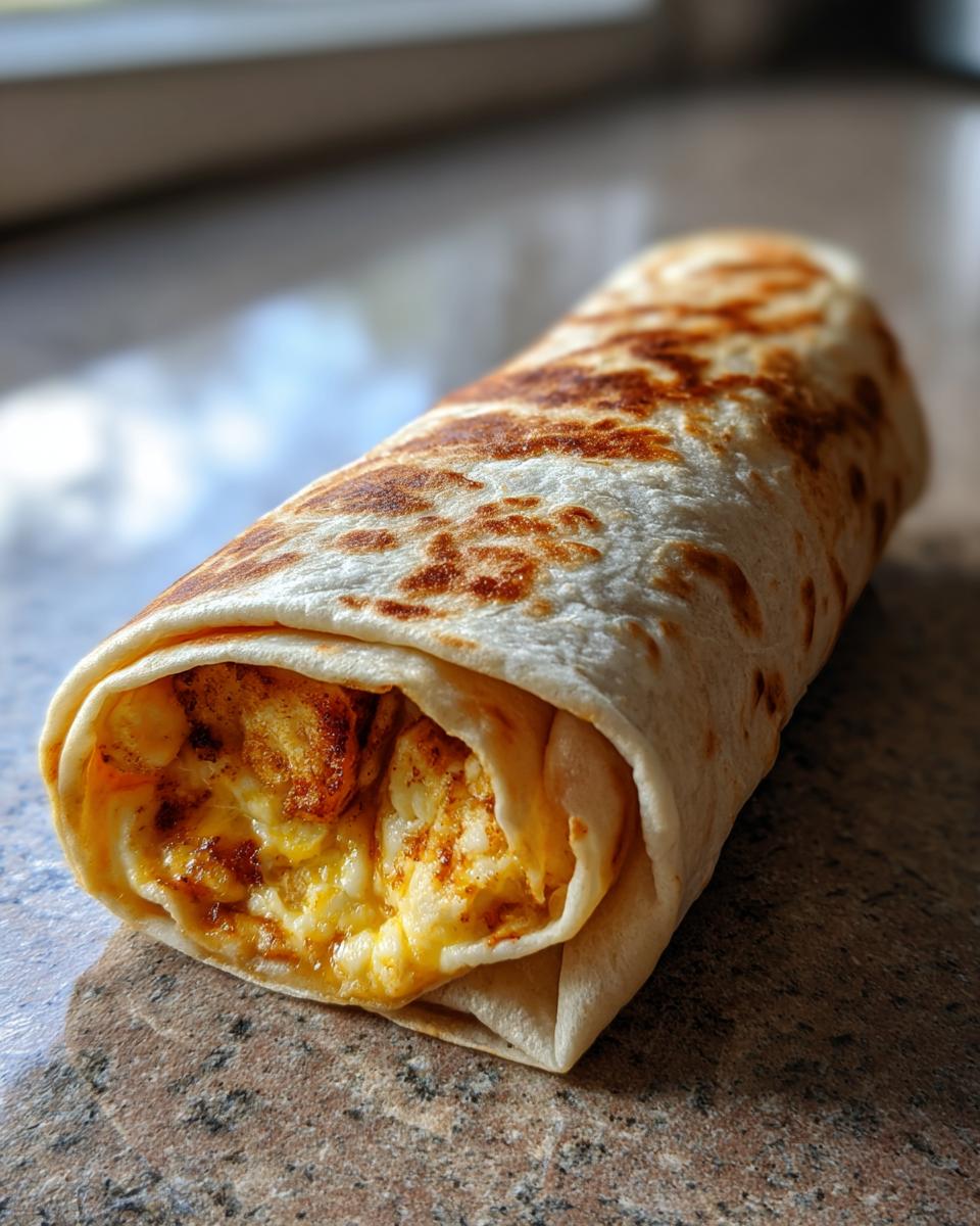 A close-up of a golden-brown, grilled sausage breakfast burrito, showing a peek of scrambled eggs and cheese inside.