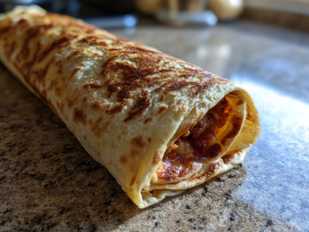 Close-up of a golden-brown sausage breakfast burrito, ready for freezer meal prep.