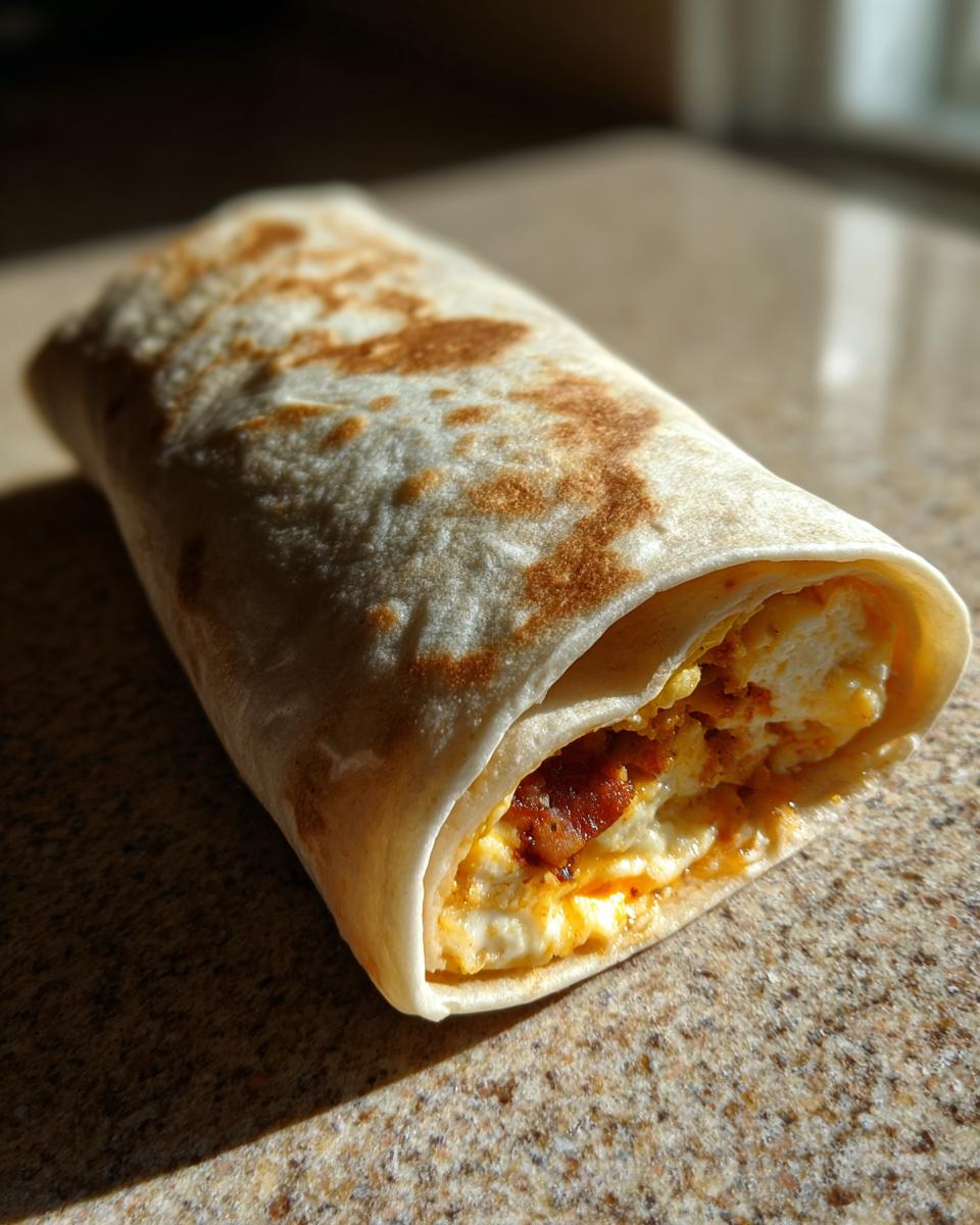 Close-up of a sausage breakfast burrito, showing scrambled eggs and sausage filling peeking out.
