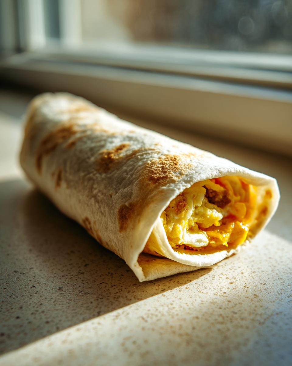 A single sausage breakfast burrito with scrambled eggs and cheese, ready for freezer meal prep.