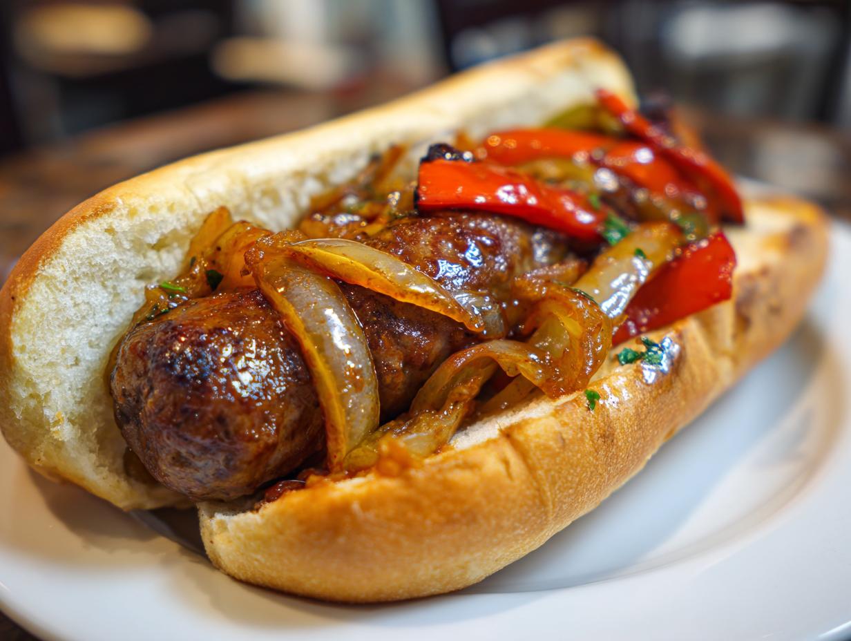 A delicious sausage and peppers sandwich, showcasing a juicy sausage nestled in a bun with sautéed onions and red peppers.