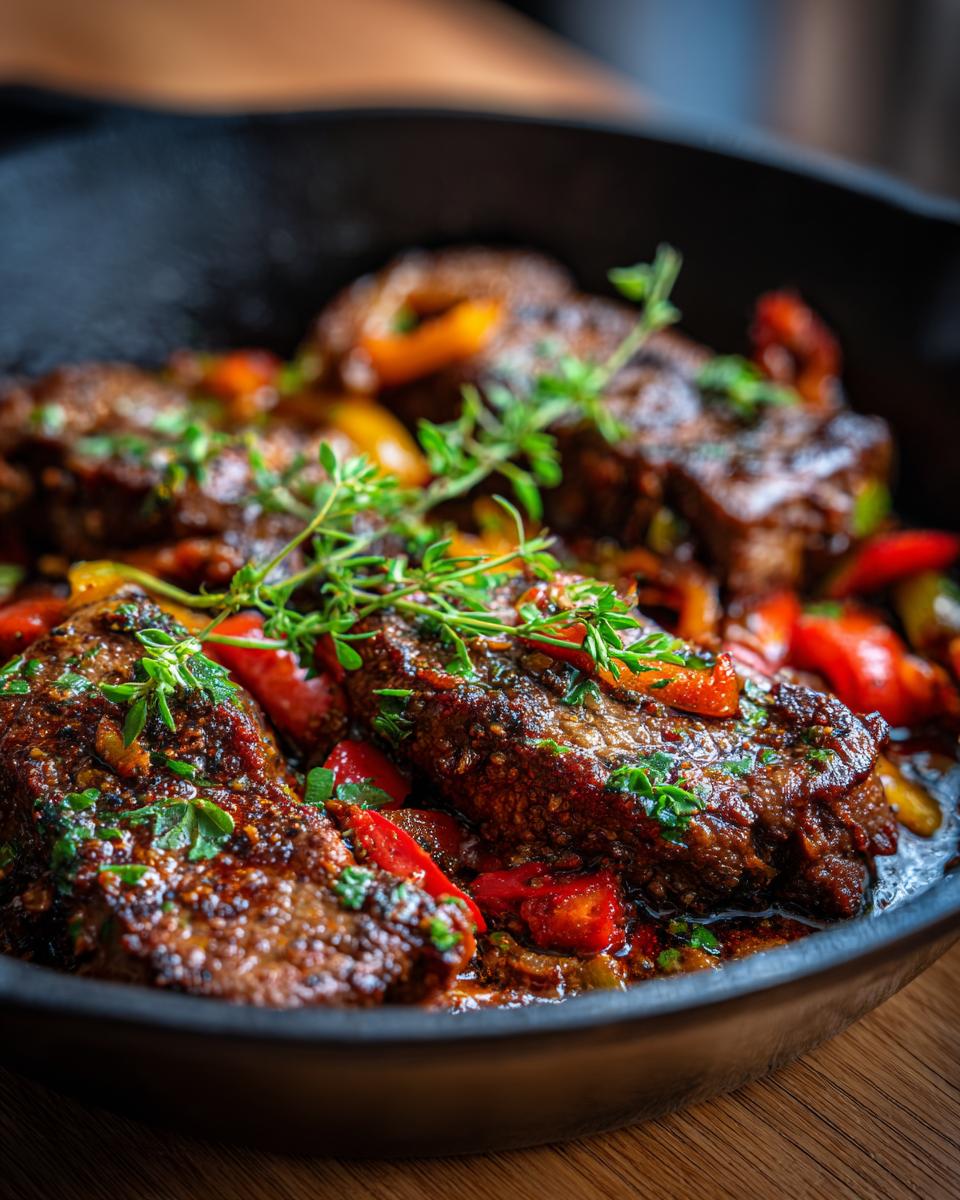 Close-up of juicy sausage and peppers in a cast-iron skillet, a perfect example of easy dinner recipes that turn comfort food.