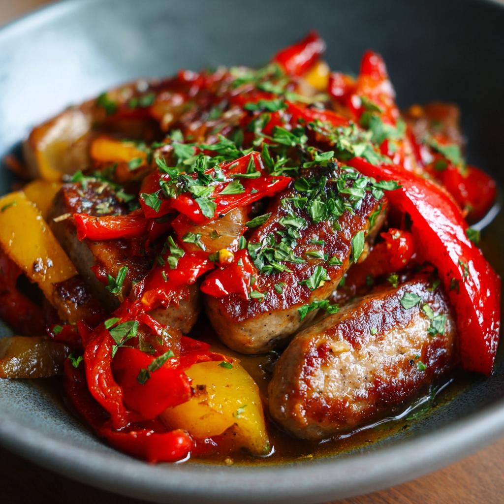 Close-up of cooked sausage and peppers, a delicious and easy dinner recipe, garnished with parsley.