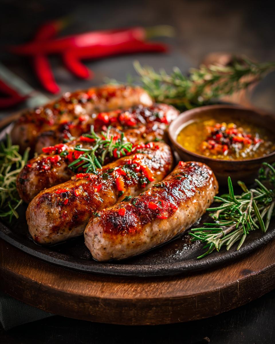 Close-up of grilled sausages with a spicy pepper relish and rosemary, part of an easy dinner recipe.