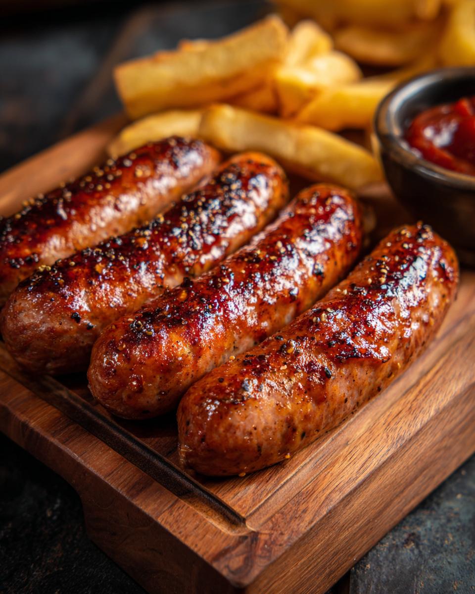 Four juicy sausages with crispy fries and a side of ketchup, perfect for easy dinner recipes.