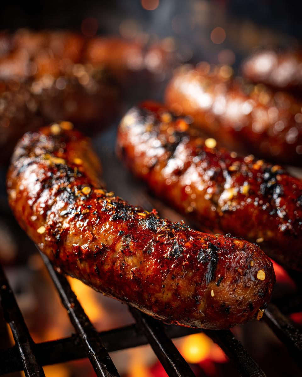 Close-up of juicy sausages grilling with visible spices and char marks.