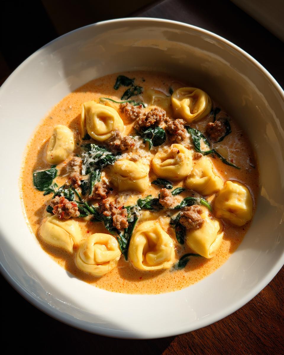 A white bowl filled with sausage spinach tortellini in a creamy orange sauce, with visible spinach and crumbled sausage.