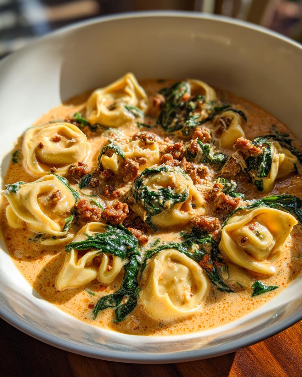 Close-up of sausage spinach tortellini in a rich, creamy orange sauce, a perfect pasta recipe.
