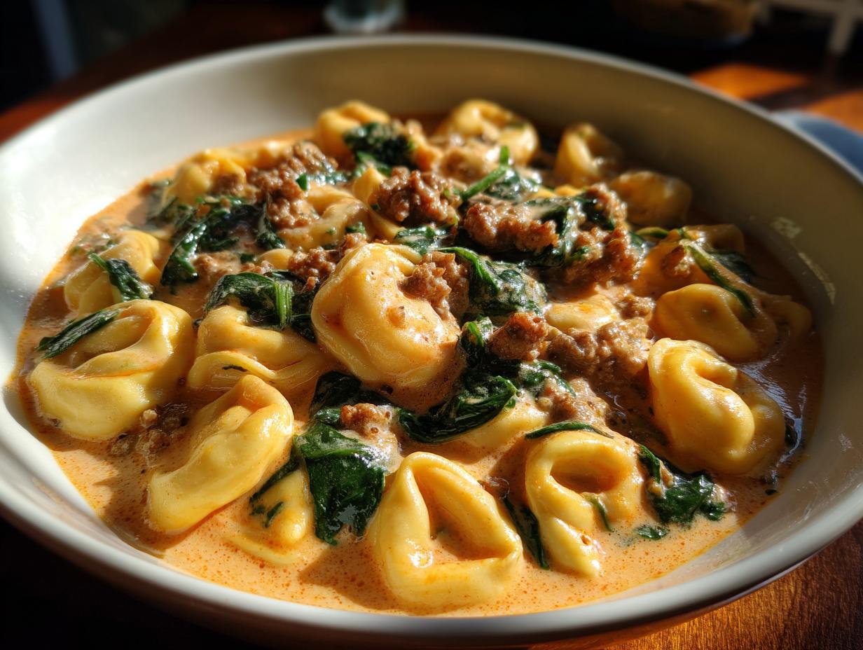 A bowl of sausage spinach tortellini in a rich, creamy orange sauce, a perfect pasta recipe.