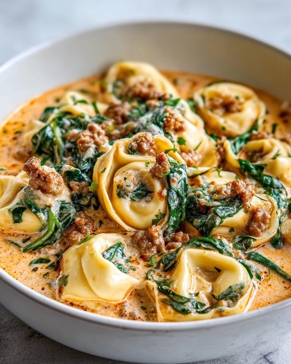Close-up of a bowl of Sausage Spinach Tortellini in a rich, creamy sauce, a perfect example of pasta recipes that make tortellini feel fancy.