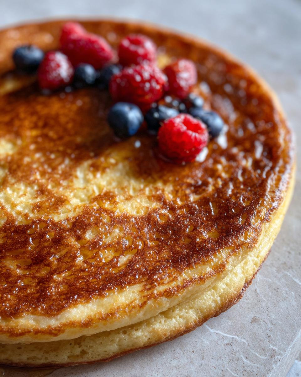 Close-up of golden brown sheet pan pancakes topped with fresh raspberries and blueberries, perfect for busy morning breakfast ideas.