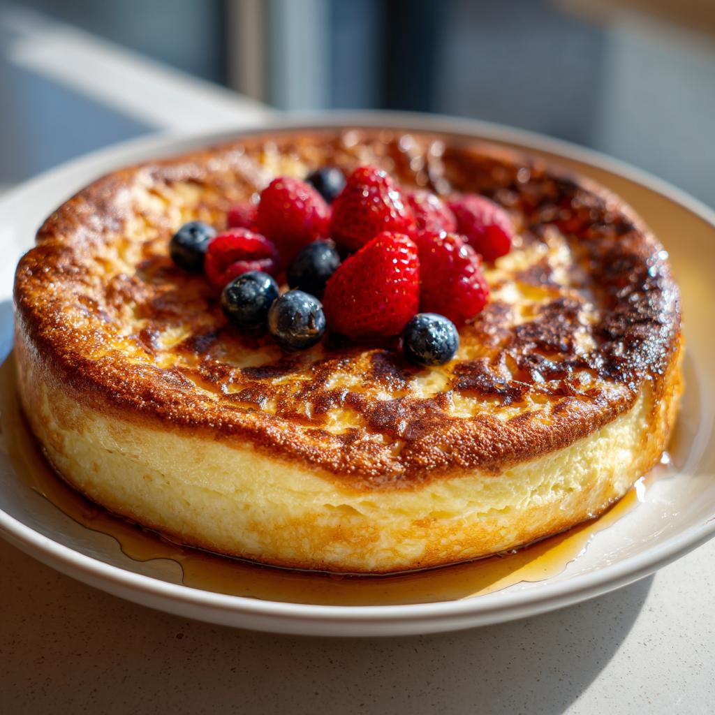 A golden-brown sheet pan pancake topped with fresh strawberries and blueberries, a perfect breakfast idea.
