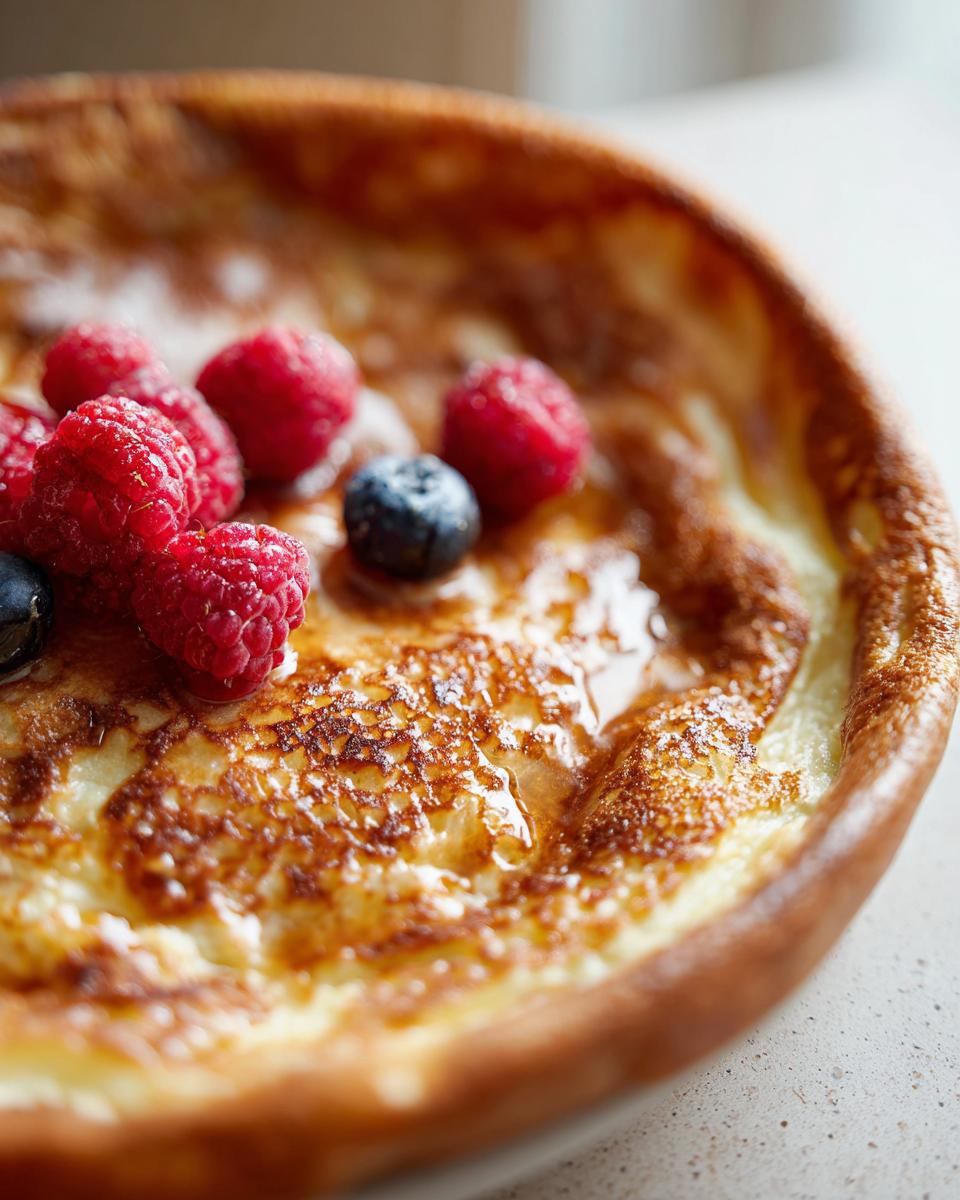 Close-up of a golden-brown sheet pan pancake topped with fresh raspberries, blueberries, and a drizzle of syrup.