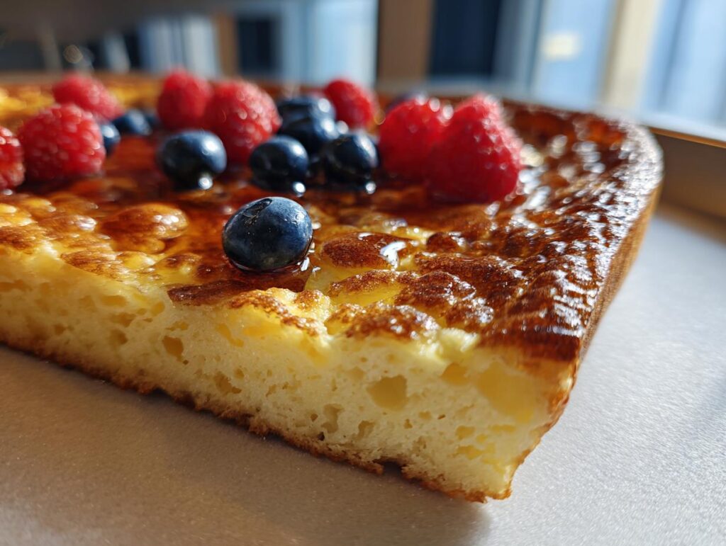 A close-up of a slice of sheet pan pancakes topped with fresh raspberries, blueberries, and drizzled with syrup.
