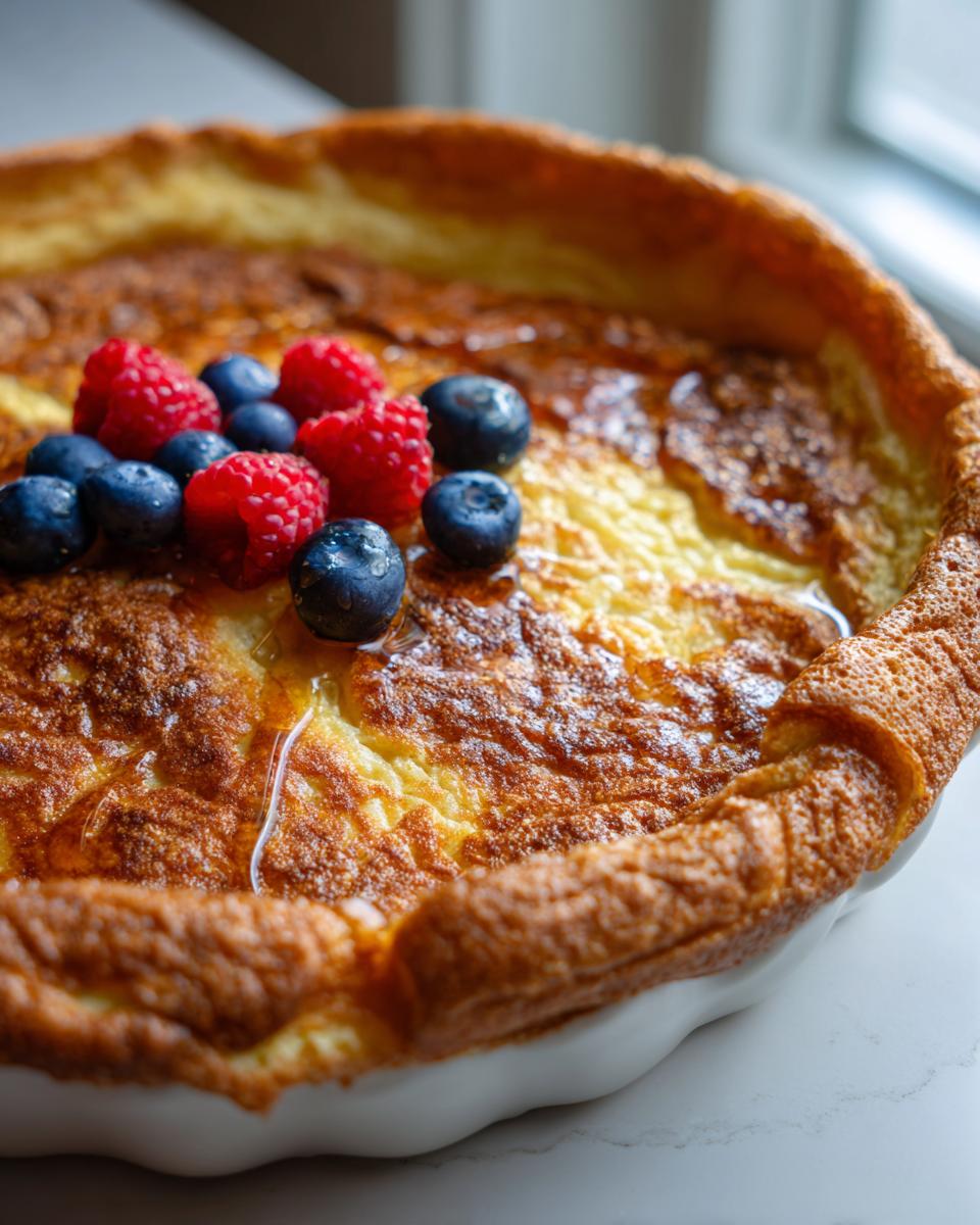 Close up of golden brown sheet pan pancakes topped with fresh raspberries, blueberries, and a drizzle of syrup.