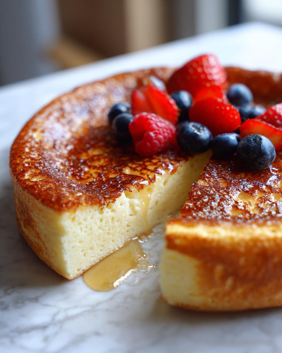 A slice of sheet pan pancake topped with fresh berries and drizzled with syrup, showcasing a fluffy interior.