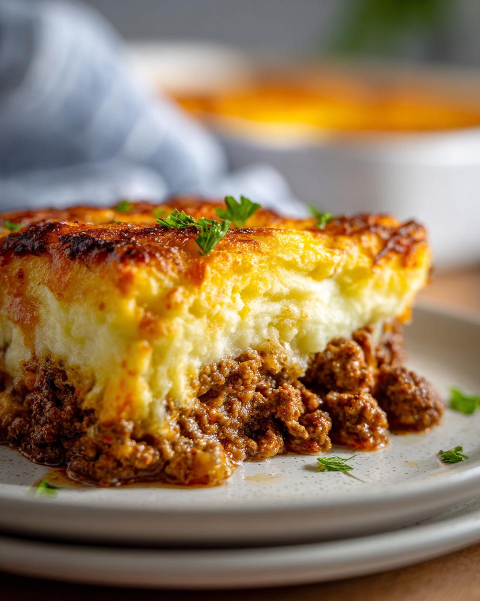 A close-up of a rich and hearty shepherd's pie slice, featuring a savory ground beef base and creamy mashed potato topping.