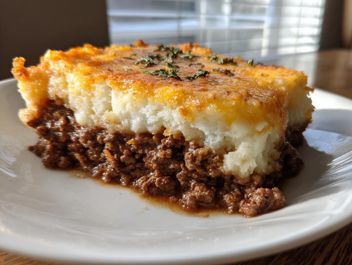 A close-up of a slice of Shepherd's Pie, showcasing the rich ground beef filling and creamy mashed potato topping.