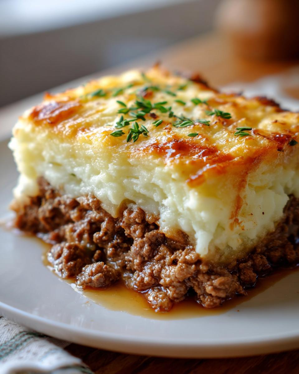 A slice of Shepherd's Pie made with rich ground beef and topped with mashed potatoes, garnished with fresh herbs.