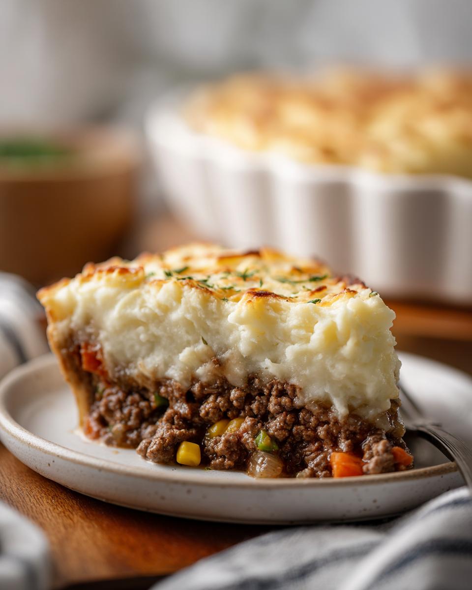A slice of rich and hearty Shepherd's Pie made with ground beef and topped with mashed potatoes.