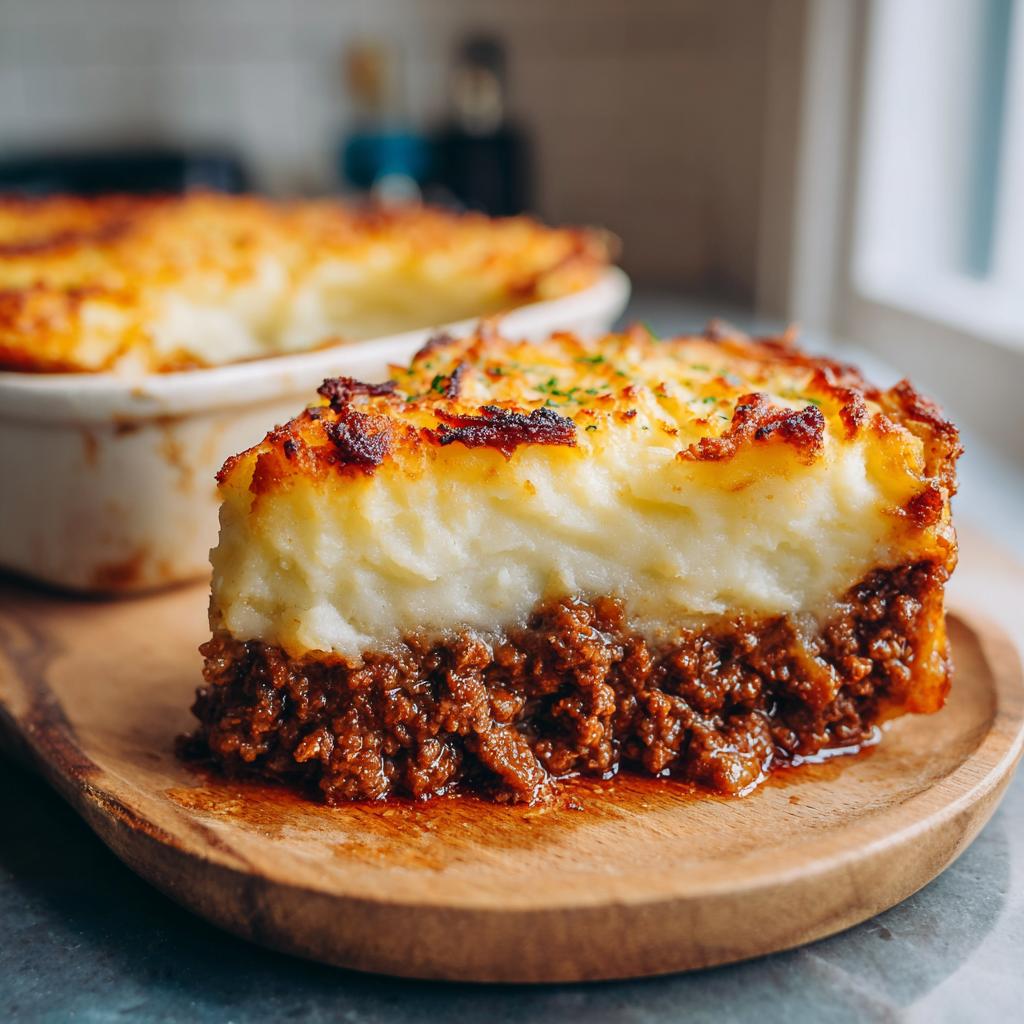 A thick slice of Shepherd's Pie, featuring a rich ground beef base topped with creamy mashed potatoes.
