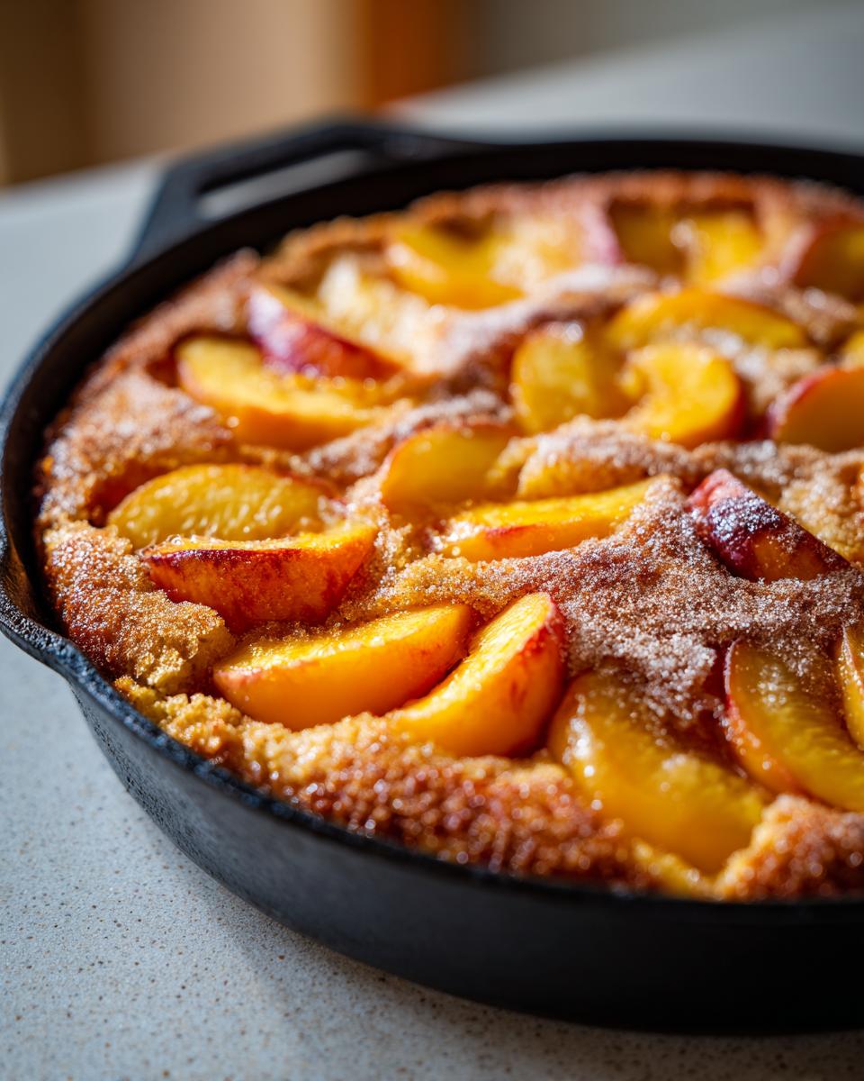 Close-up of a baked skillet cake topped with fresh peach slices and a dusting of sugar.