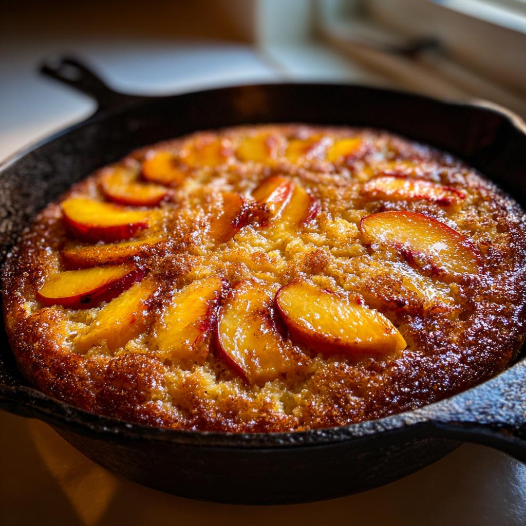 Close-up of a golden-brown skillet cake topped with glistening peach slices, showcasing soft summer fruit.