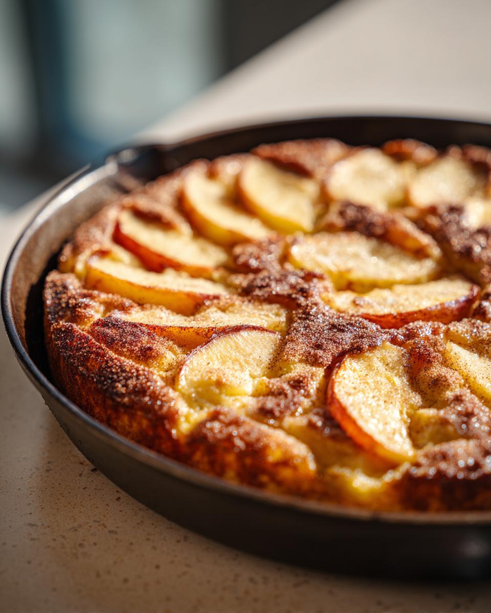 Close-up of a golden-brown skillet cake topped with sliced soft summer fruit and a dusting of cinnamon.