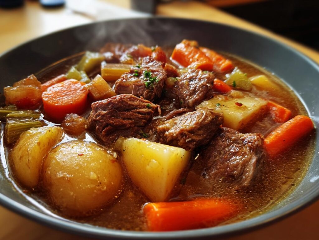 A steaming bowl of rich slow cooker beef stew, featuring tender beef chunks, carrots, potatoes, and celery in a savory broth.