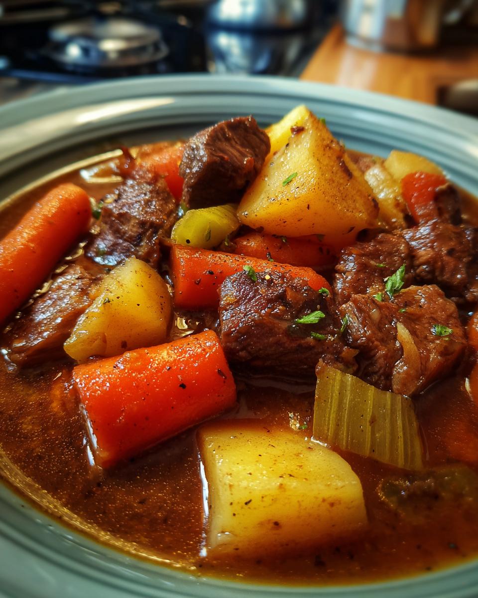 A close-up of rich slow cooker beef stew, featuring tender chunks of beef, carrots, potatoes, and celery in a savory broth.