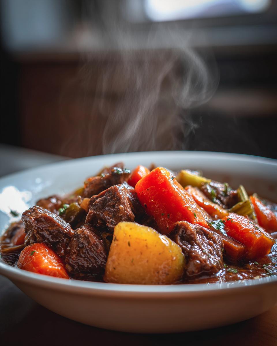 A steaming bowl of rich slow cooker beef stew, featuring tender beef chunks, carrots, and potatoes.