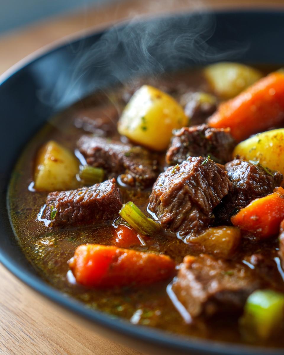 Close-up of steaming rich slow cooker beef stew with tender beef chunks, carrots, and potatoes.