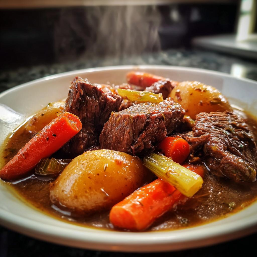 A steaming bowl of rich slow cooker beef stew, featuring tender beef chunks, carrots, potatoes, and celery in a savory broth.