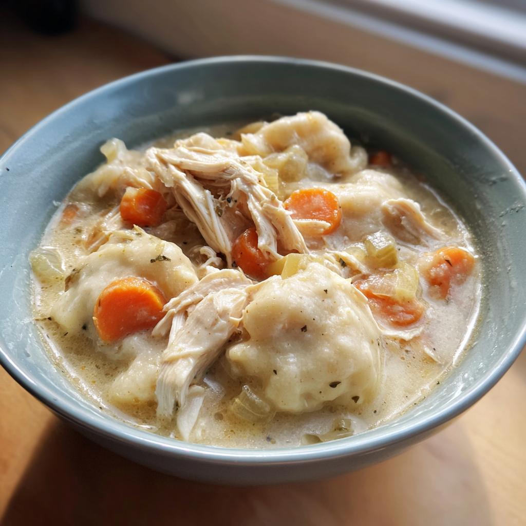 A close-up of a bowl of slow cooker chicken and dumplings, featuring shredded chicken, fluffy dumplings, and carrots in a creamy broth.